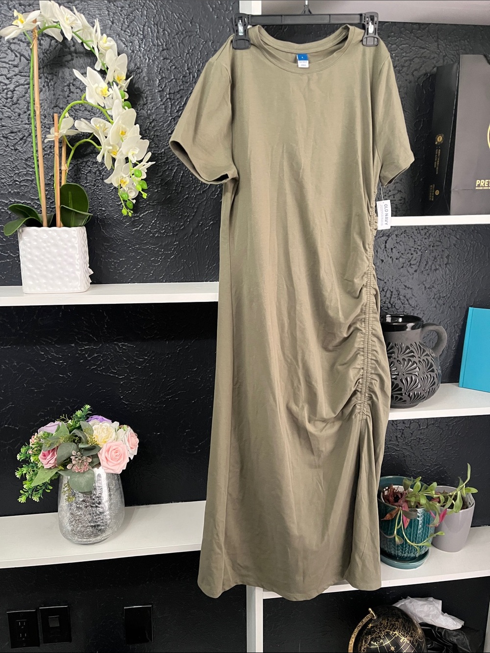 Old Navy Olive Green Short-Sleeve Maxi Dress with Side Ruching L